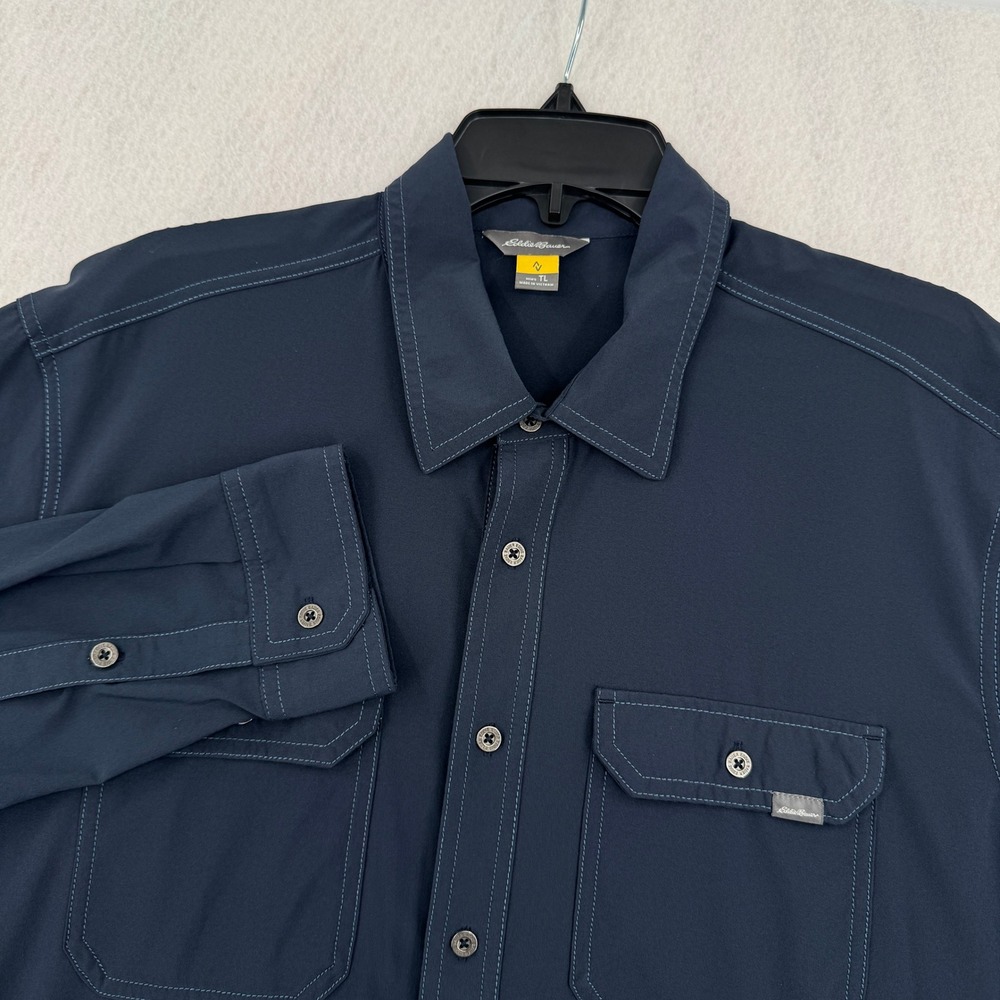 Eddie Bauer Travex Mens XLT Navy Blue Stretch Long Sleeve Button Down Hiking